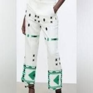 Zara Pants Womens High Rise X-Small Embroidered White Green Linen Blend